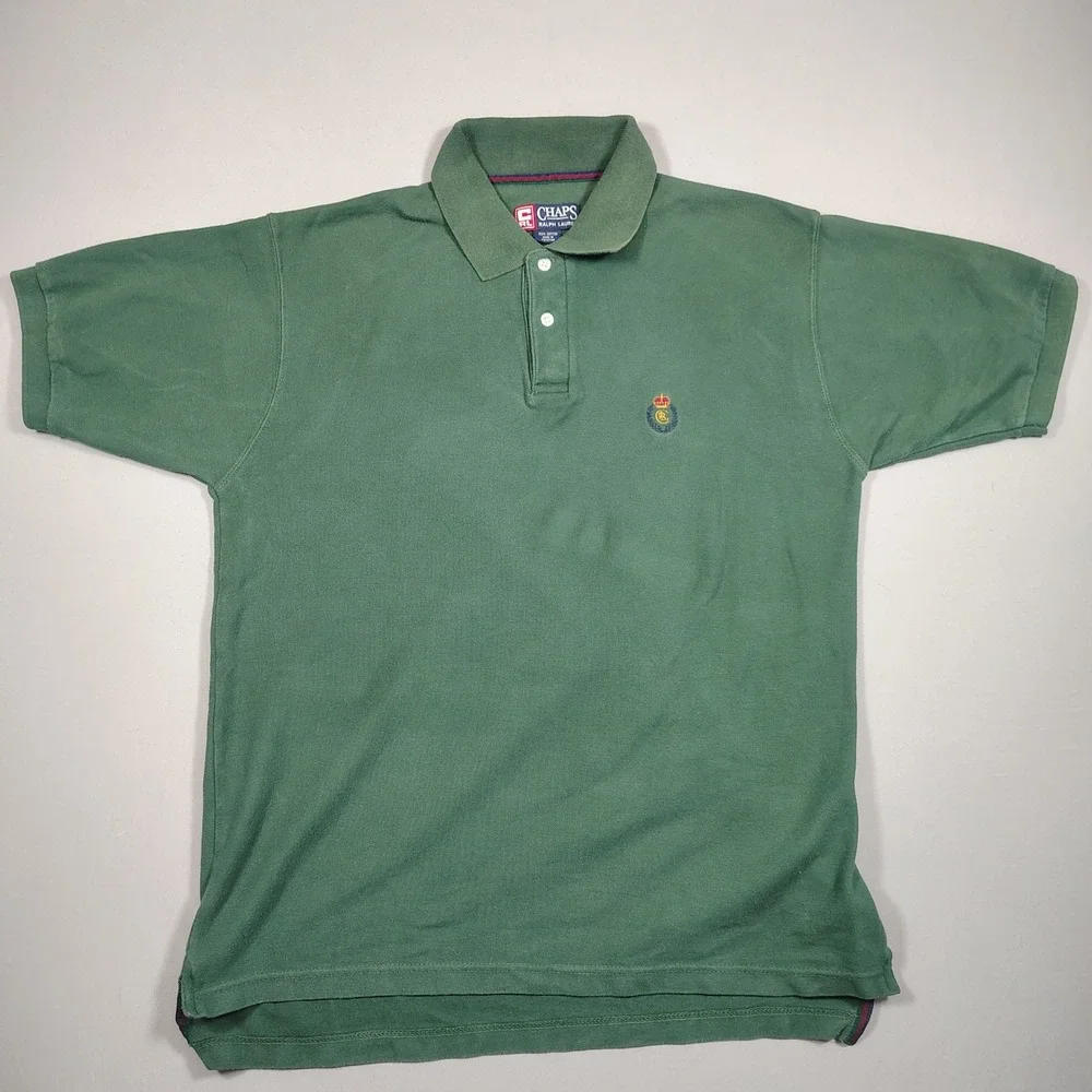 Chaps Polo Shirt Mens M Green Crest Logo Short Sleeve Solid‎ Cotton Pique